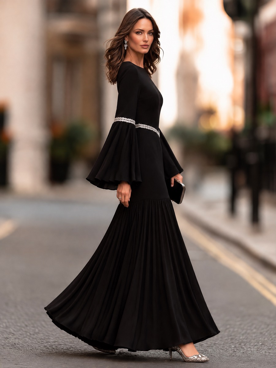 Decorative Trim Bell Sleeve Maxi Dress