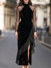 Sheer-Sleeve Velvet Ruffle Maxi Dress