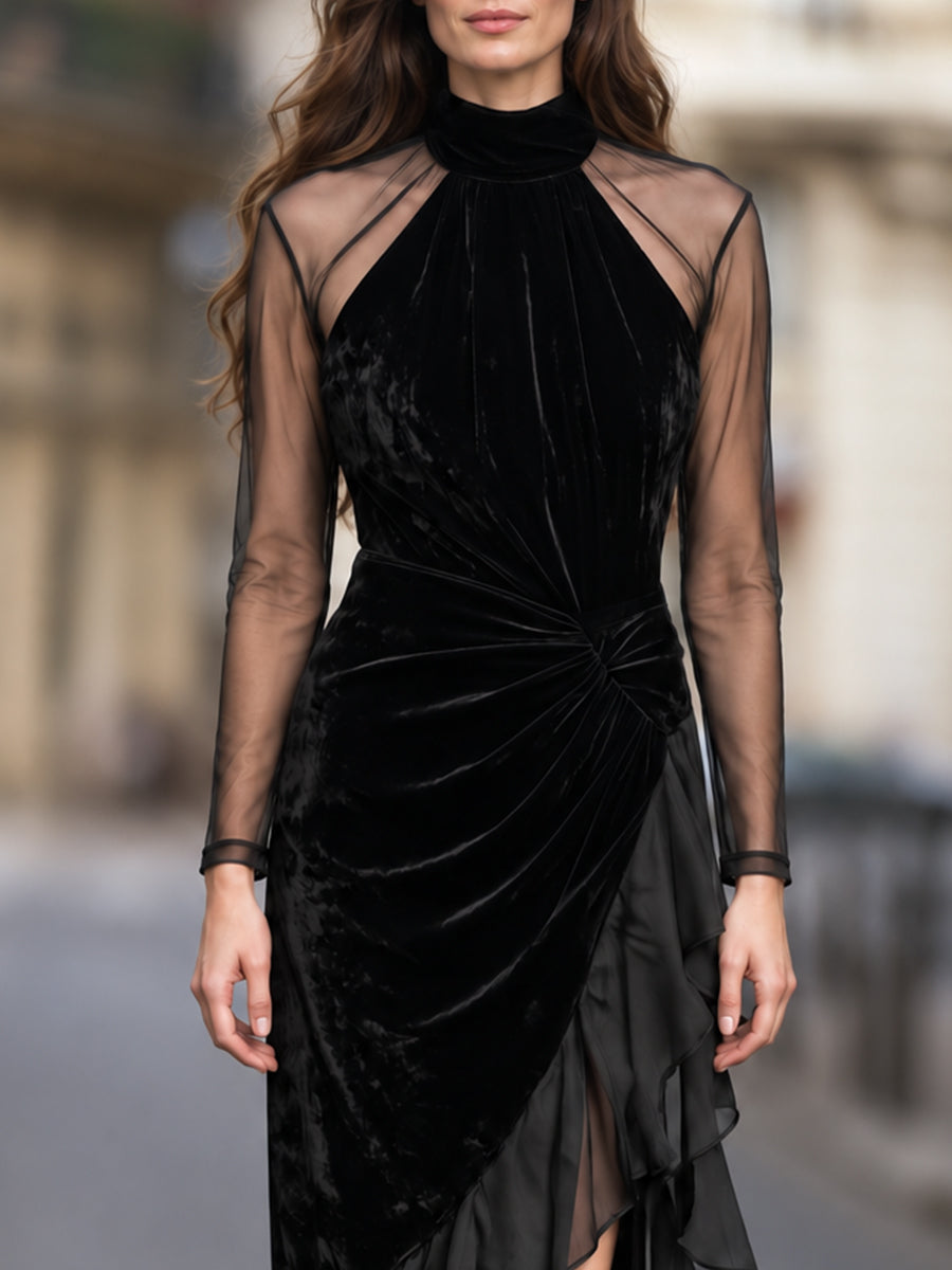 Sheer-Sleeve Velvet Ruffle Maxi Dress