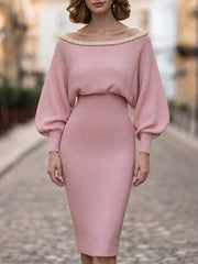 Pearl-Trim Batwing Knit Midi Dress
