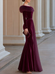 Velvet Off-Shoulder Faux Fur Trim Mermaid Maxi Evening Dress