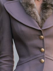 Dusty Purple Faux Fur Collar Peplum Woven Fabric Jacket