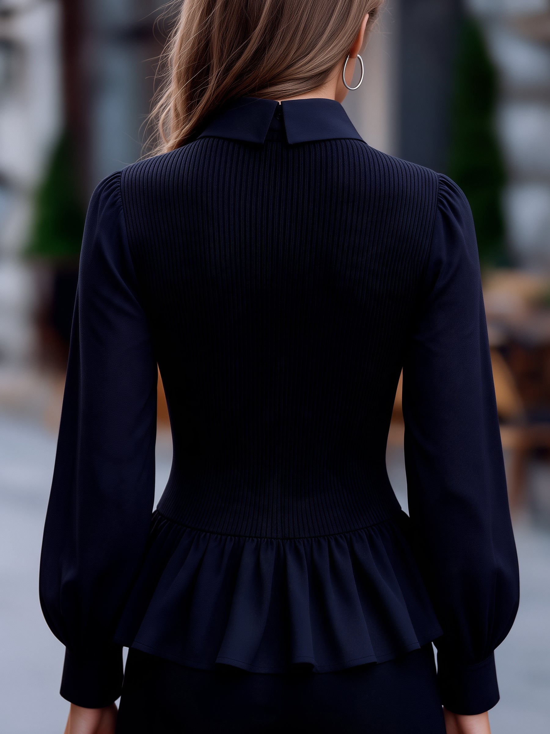 Ribbed Knit Collared Peplum Sweater