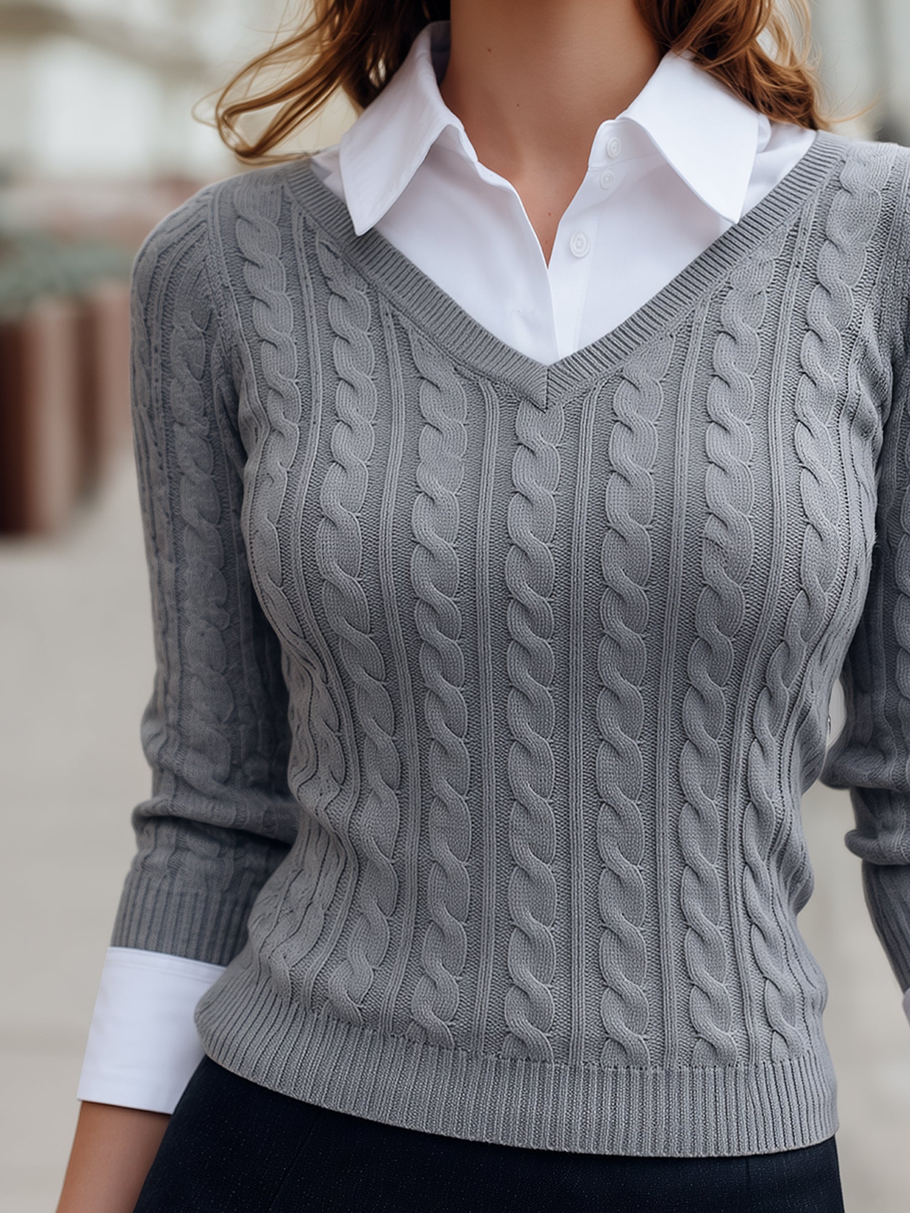 Layered Cable Knit Collared Sweater