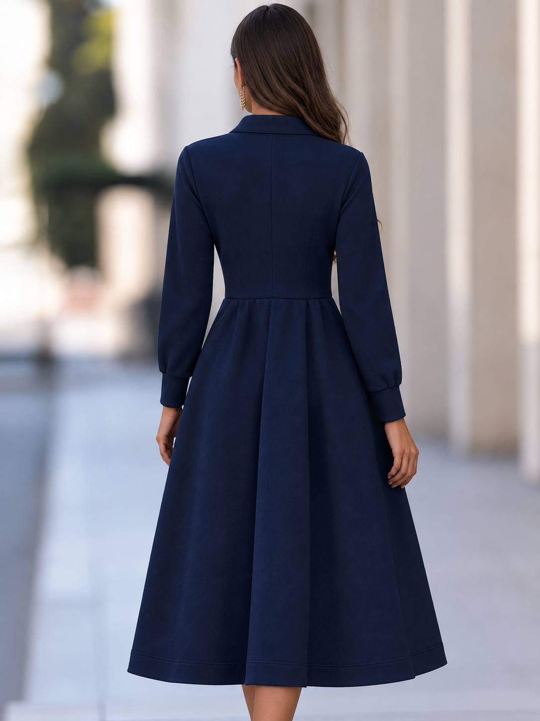 Women's Zip-Up Stand Collar Long Sleeve Fit and Flare Midi Dress