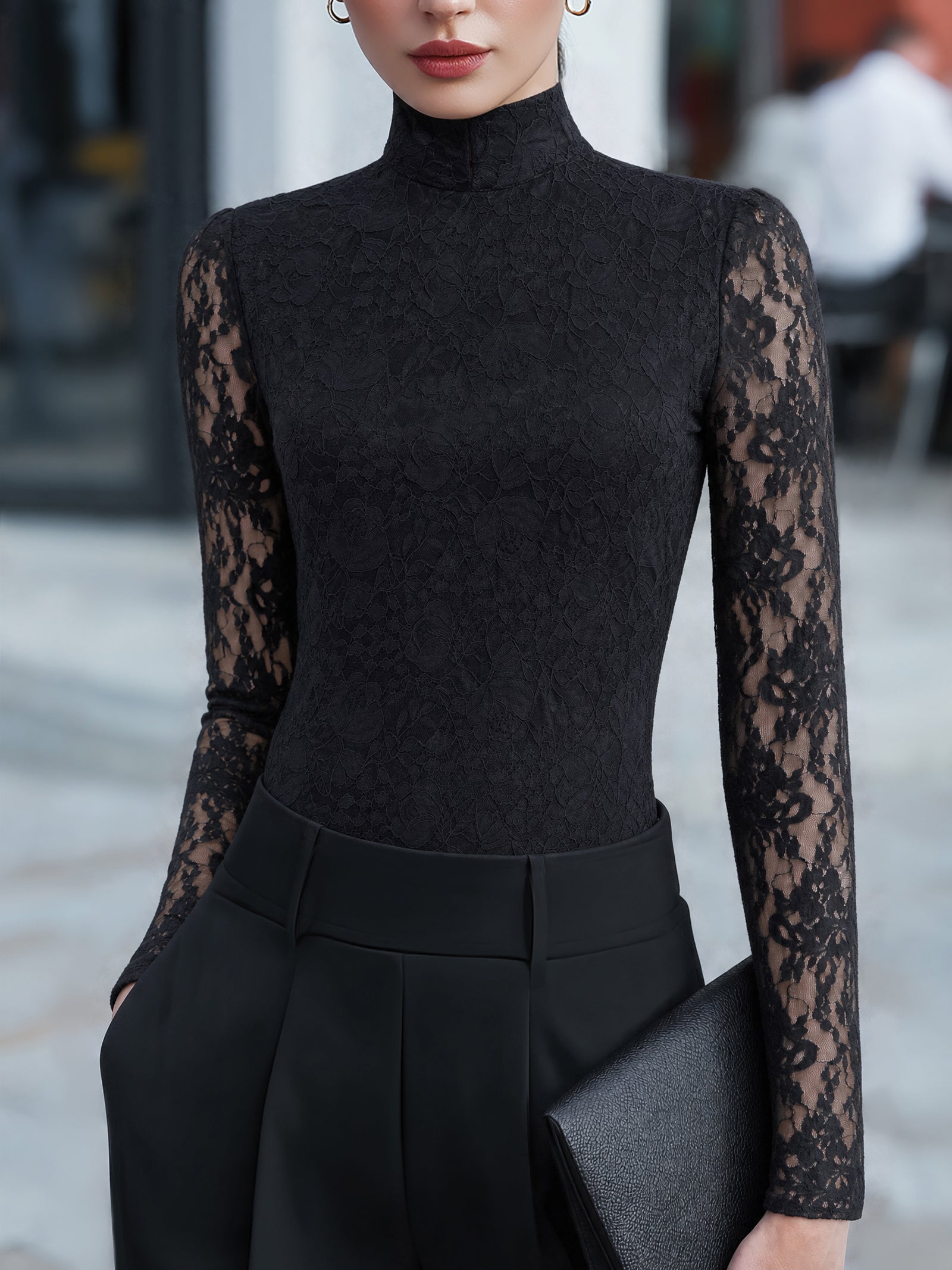 Sheer Long-Sleeve Lace High-Neck Blouse