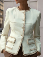 Elegant Cream Textured Blazer With Decorative Trim