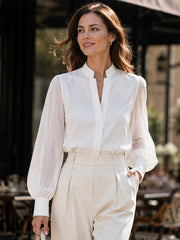 Stand Collar Split V Neck Sheer Lantern Long Sleeve  Blouse