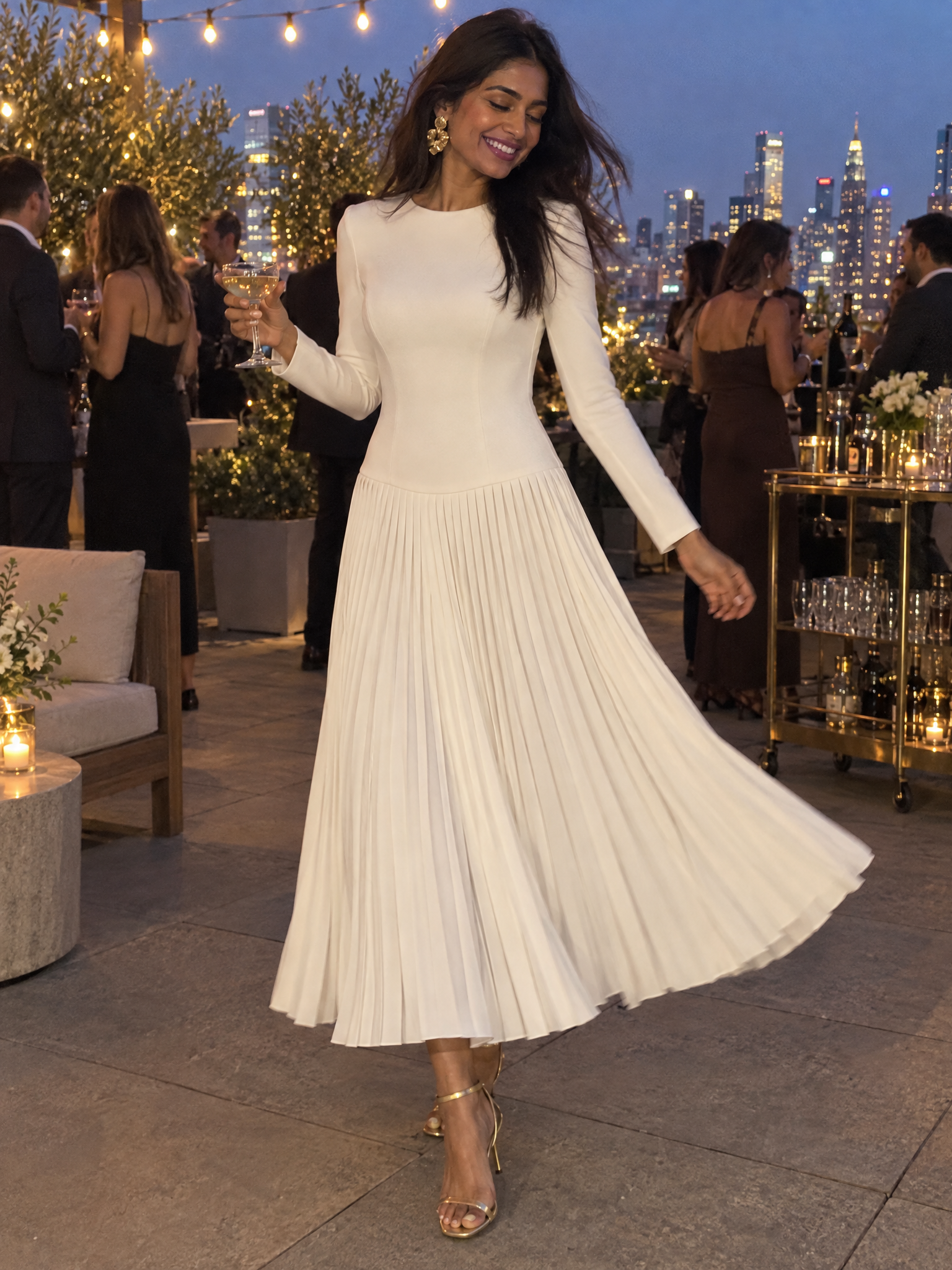 Elegant Long Sleeve Pleated Drop-Waist Maxi Dress
