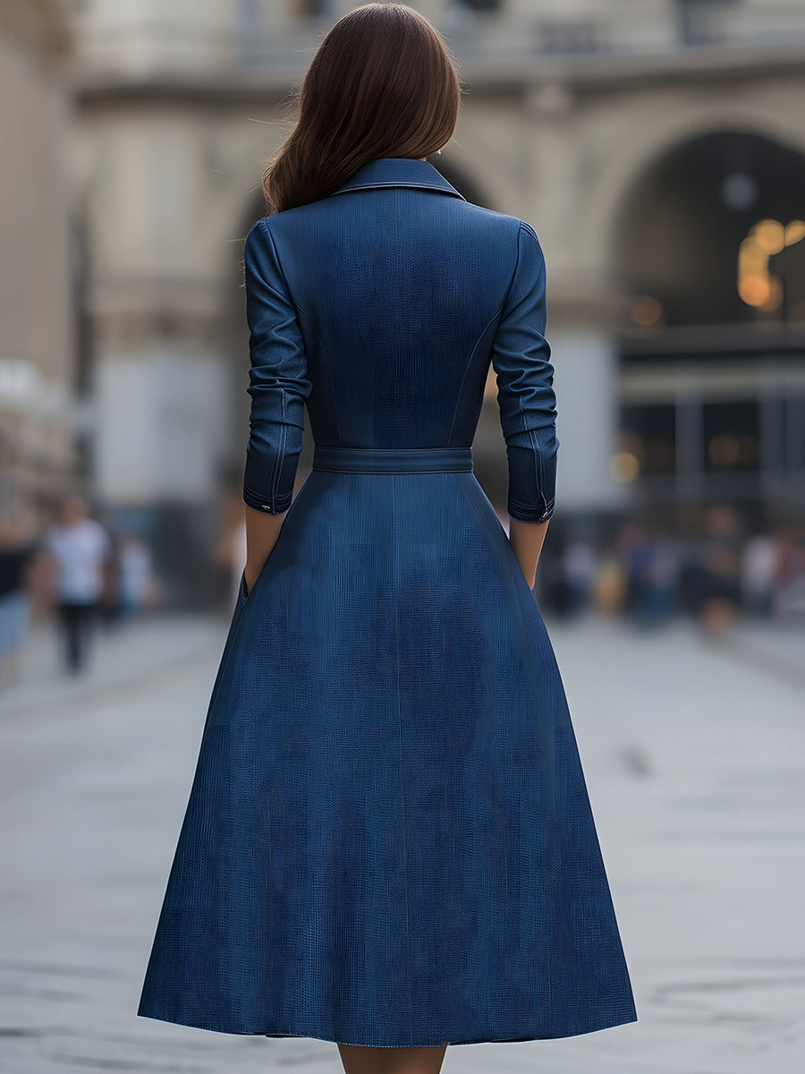 Elegant Zippered Belted Denim Midi Dress
