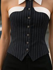Pinstripe Top With Contrast Collar And Button Front