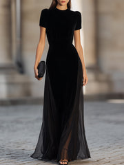 Short Sleeve Floor-Length Dress With Sheer Flowing Skirt