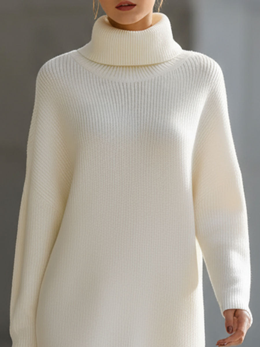 Elegant Cream Turtleneck Ribbed Knit Sweater Dress
