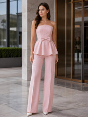 Strapless Peplum Bow Top And Tailored Wide-Leg Pants Set