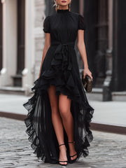 Sheer Ruffle High-Low Tie Waist Maxi Dress