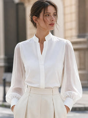 Stand Collar Split V Neck Sheer Lantern Long Sleeve  Blouse