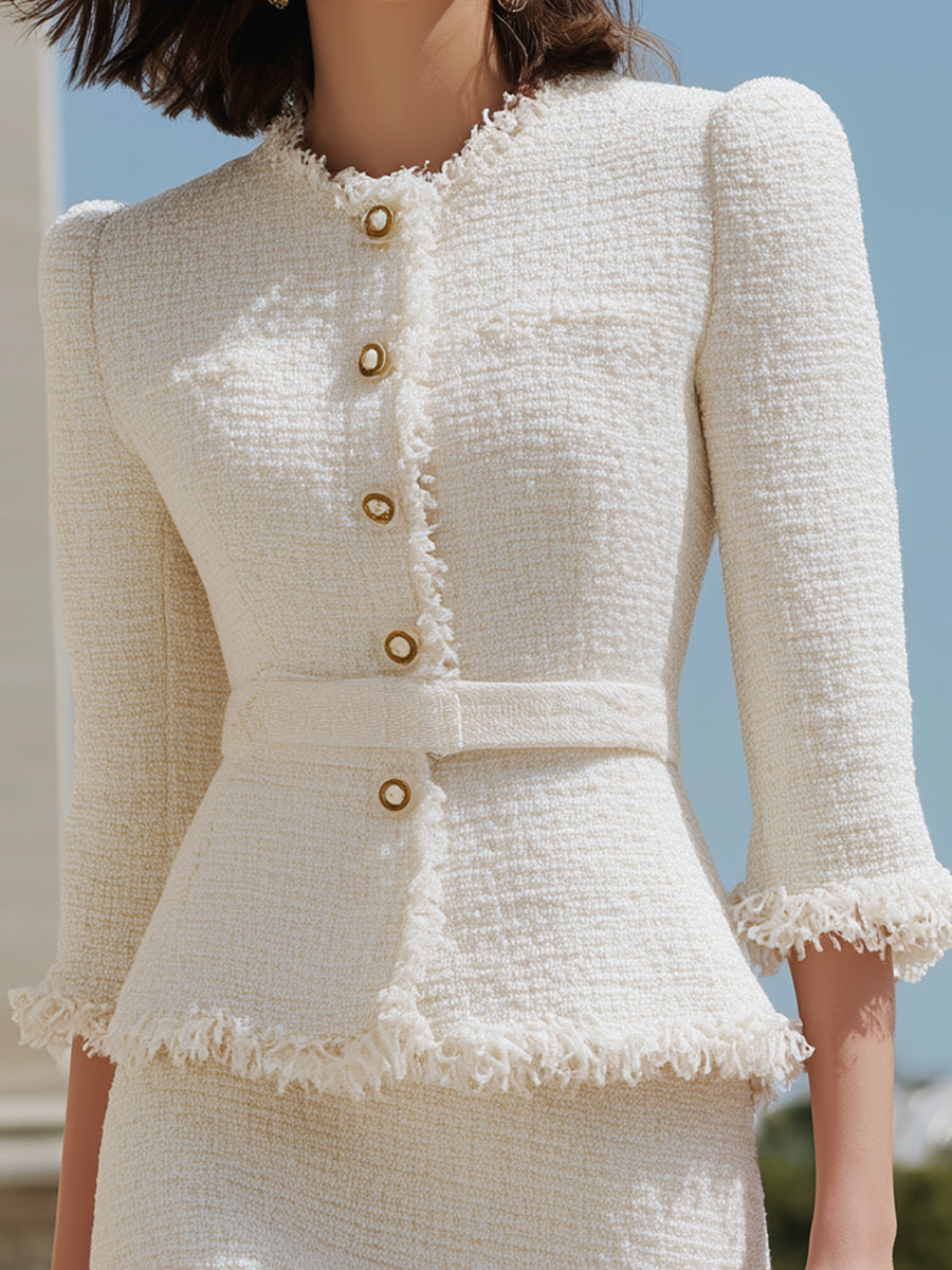 Ivory Fringed Tweed Jacket & Pencil Skirt Two-Piece Set