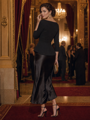 Boat-Neck Three-Quarter Sleeve Peplum Top With Shell Brooch Accent