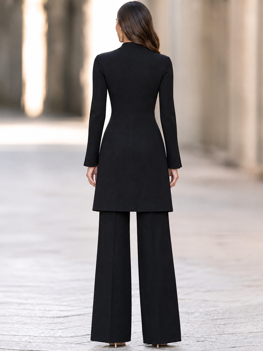 Women's Ribbed Knit Two-Piece Set - Mock Neck Wrap Tunic & Wide Leg Pants