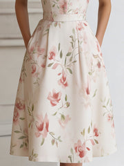 Floral Lapel Short Sleeve Midi Dress With Tailored Waist