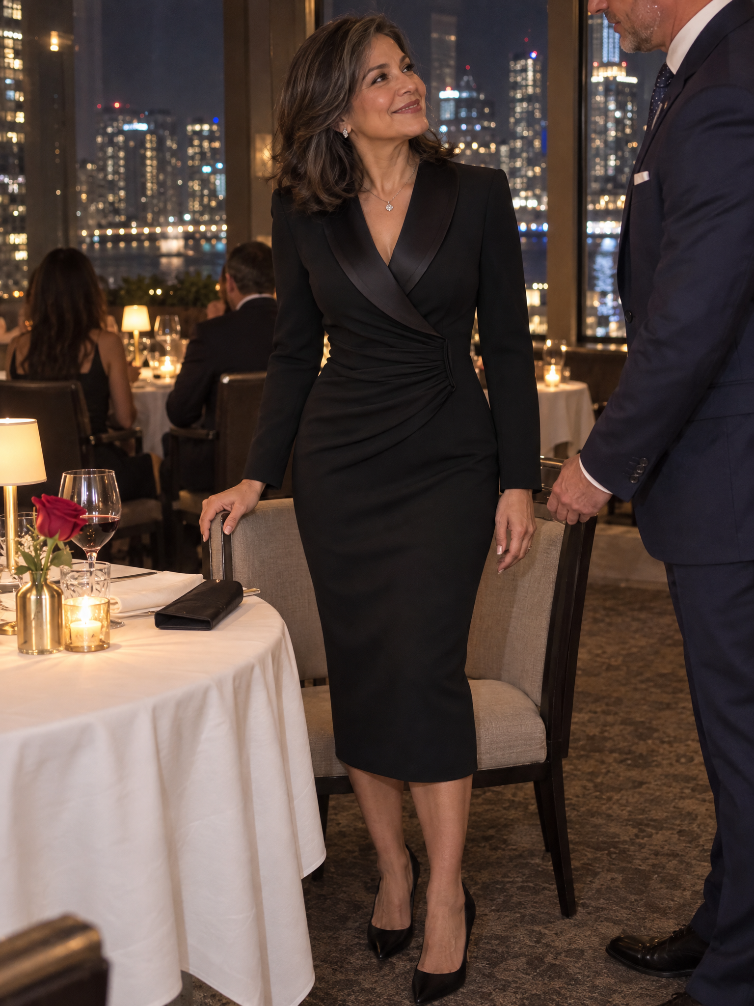 Long Sleeve Notch Lapel Ruched Blazer Midi Dress