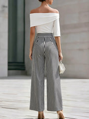Off-Shoulder Draped Top And Striped Wide-Leg Pants Set