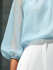Sheer Pleated High-Neck Blouson Sleeve Blouse