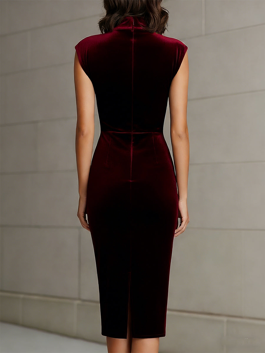 Burgundy Velvet Turtleneck Sheath Dress