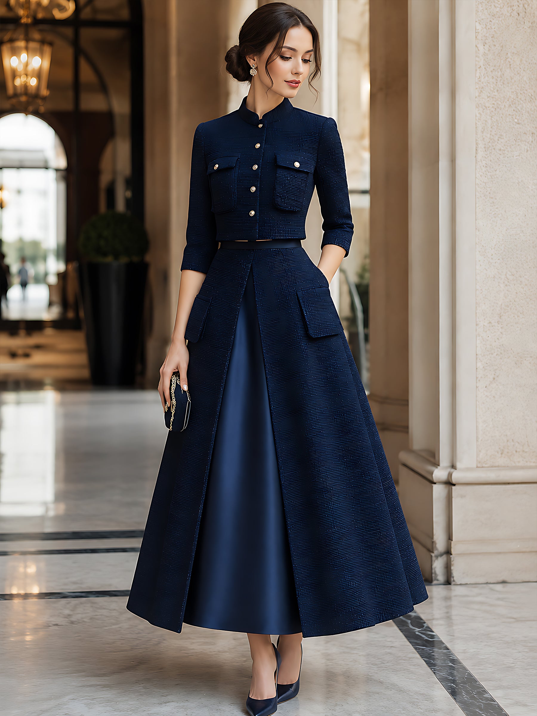 Couture-Inspired Cropped Jacket And Silk-Panel Maxi Skirt Set