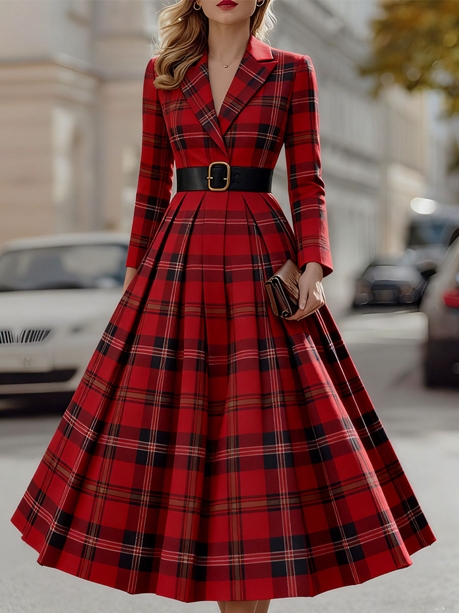 Mooyius Statement Red Plaid Trench Dress With Gold Buckle Belt