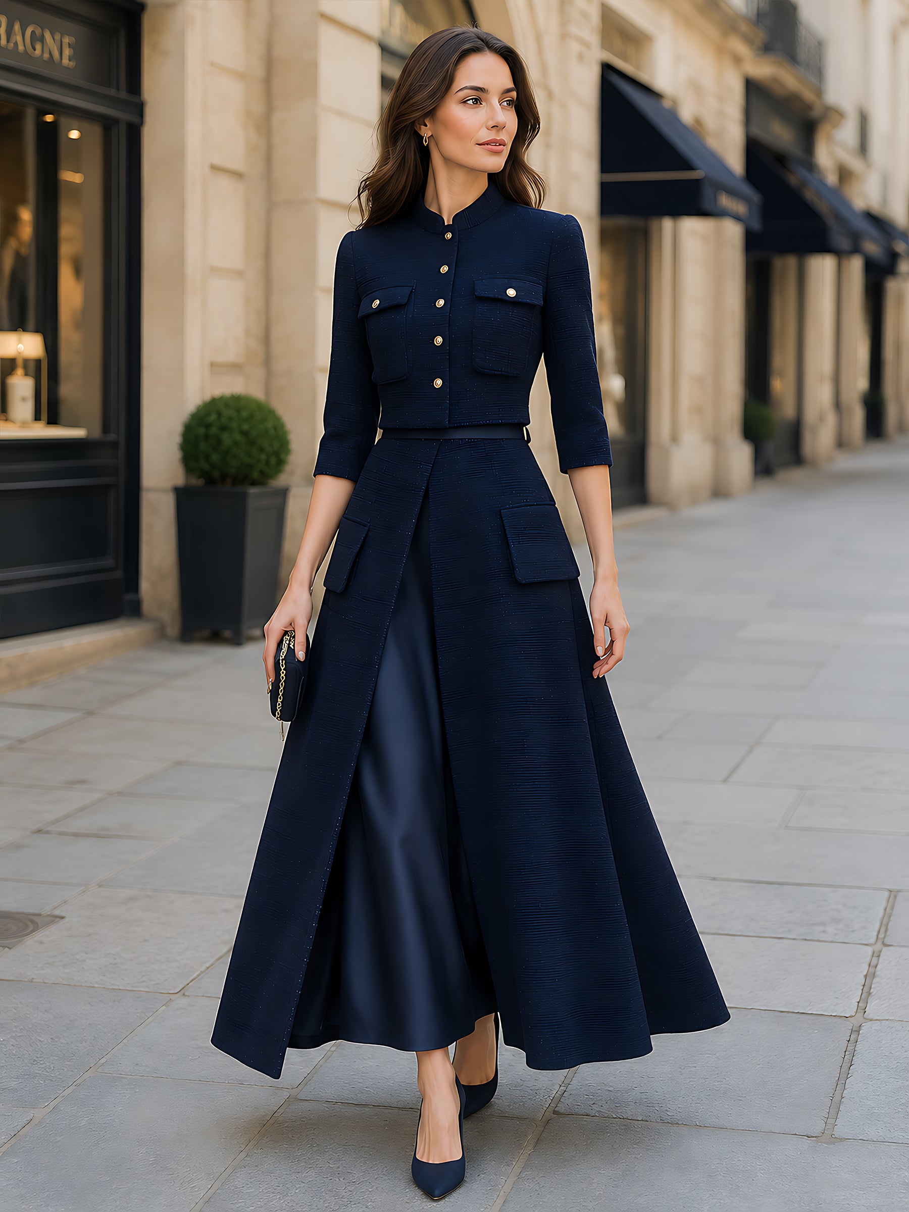 Couture-Inspired Cropped Jacket And Silk-Panel Maxi Skirt Set