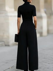 Minimalist Black Turtleneck Top & Wide-Leg Pants Co-ord Set