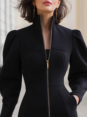 Zippered Midi Dress With Puffed Long Sleeves
