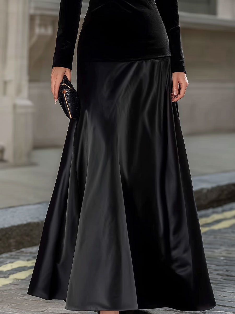 Black Velvet & Satin Long-Sleeve A-Line Evening Gown