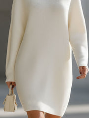 Elegant Cream Turtleneck Ribbed Knit Sweater Dress