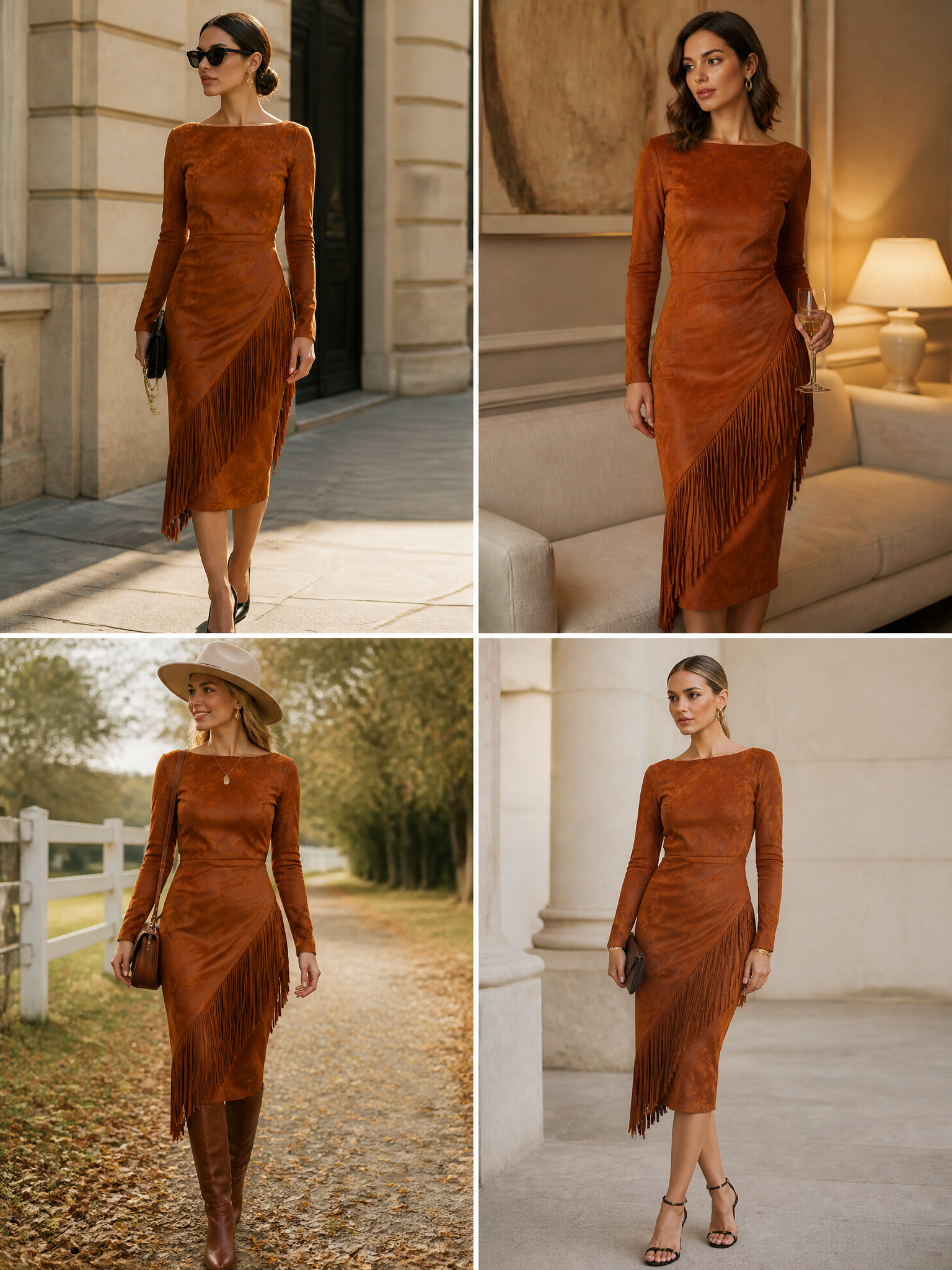 Asymmetric Fringe Faux Suede Midi Dress