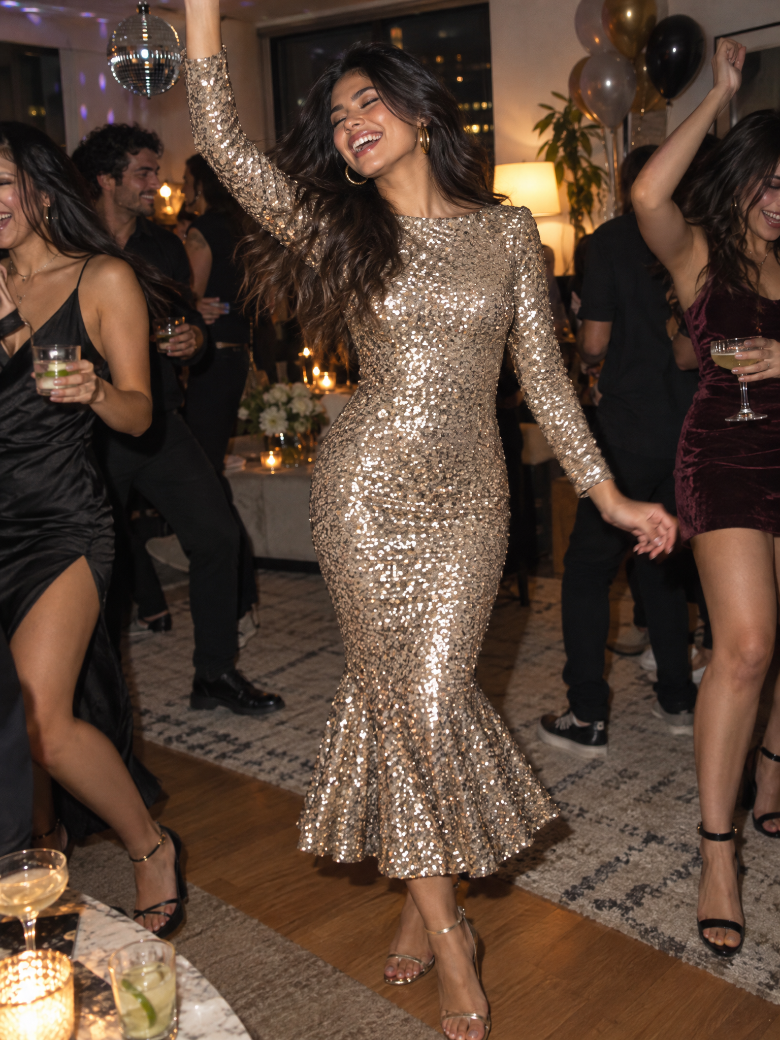 Sequin Boat-Neck Mermaid Evening Dress