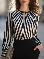 Women's Black and White Striped Long Sleeve Keyhole Blouse