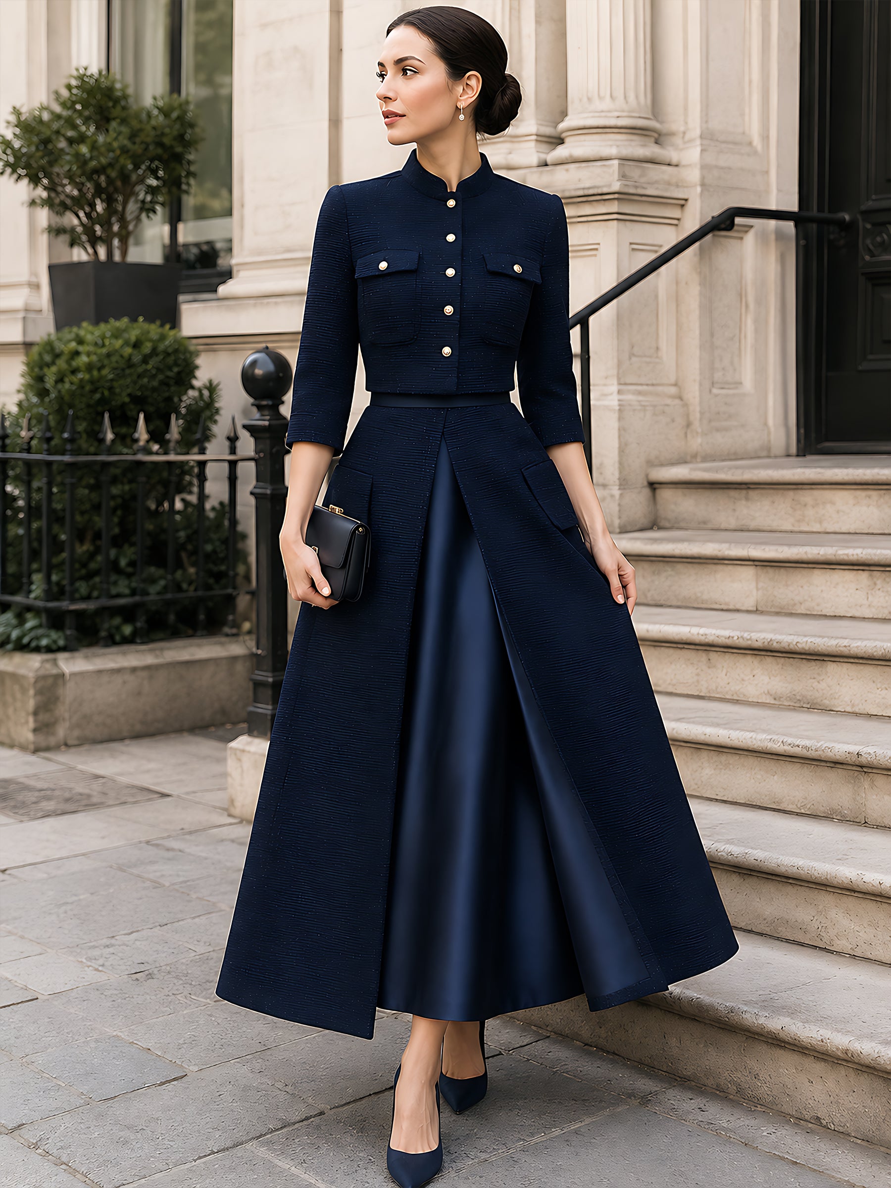 Couture-Inspired Cropped Jacket And Silk-Panel Maxi Skirt Set