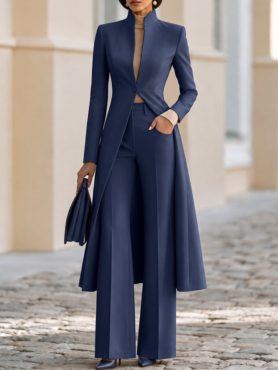 Tand Collar Long Tailored Coat & High Waist Flare Pants Two-Piece Suit