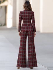 Burgundy Plaid Tailored Peplum Blazer And Wide Leg Pants Set