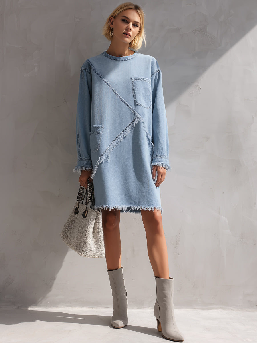 Light Blue Raw-Edge Denim Mini Dress