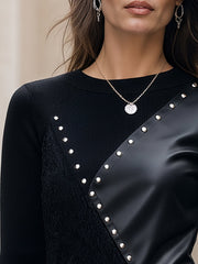 Studded Faux-Leather Panel Structured Knit Top