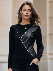 Studded Faux-Leather Panel Structured Knit Top