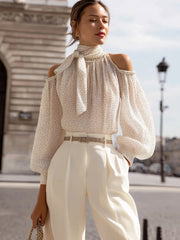 Polka Dot Cold-Shoulder Chiffon Blouse With Scarf Tie