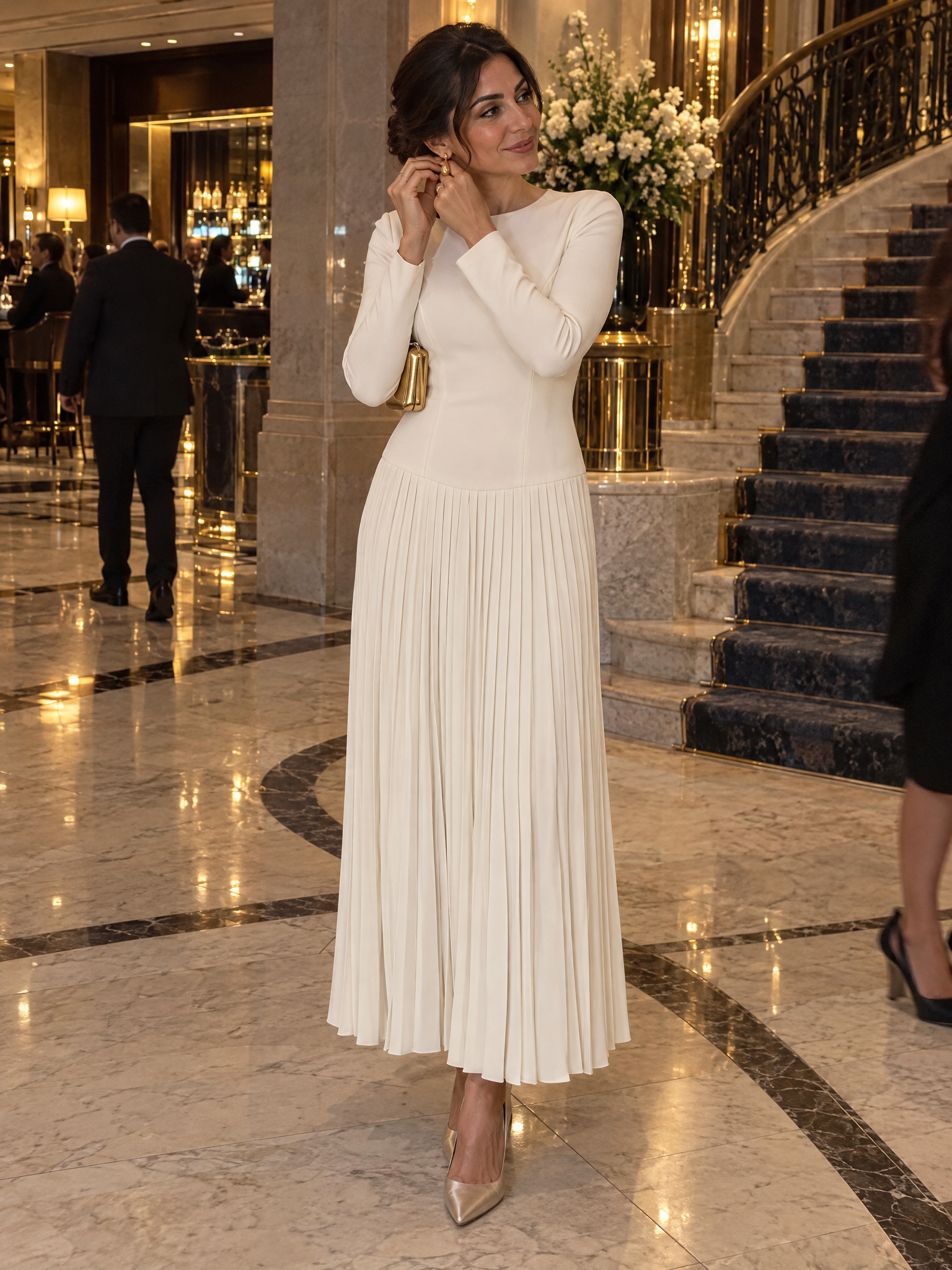 Elegant Long Sleeve Pleated Drop-Waist Maxi Dress