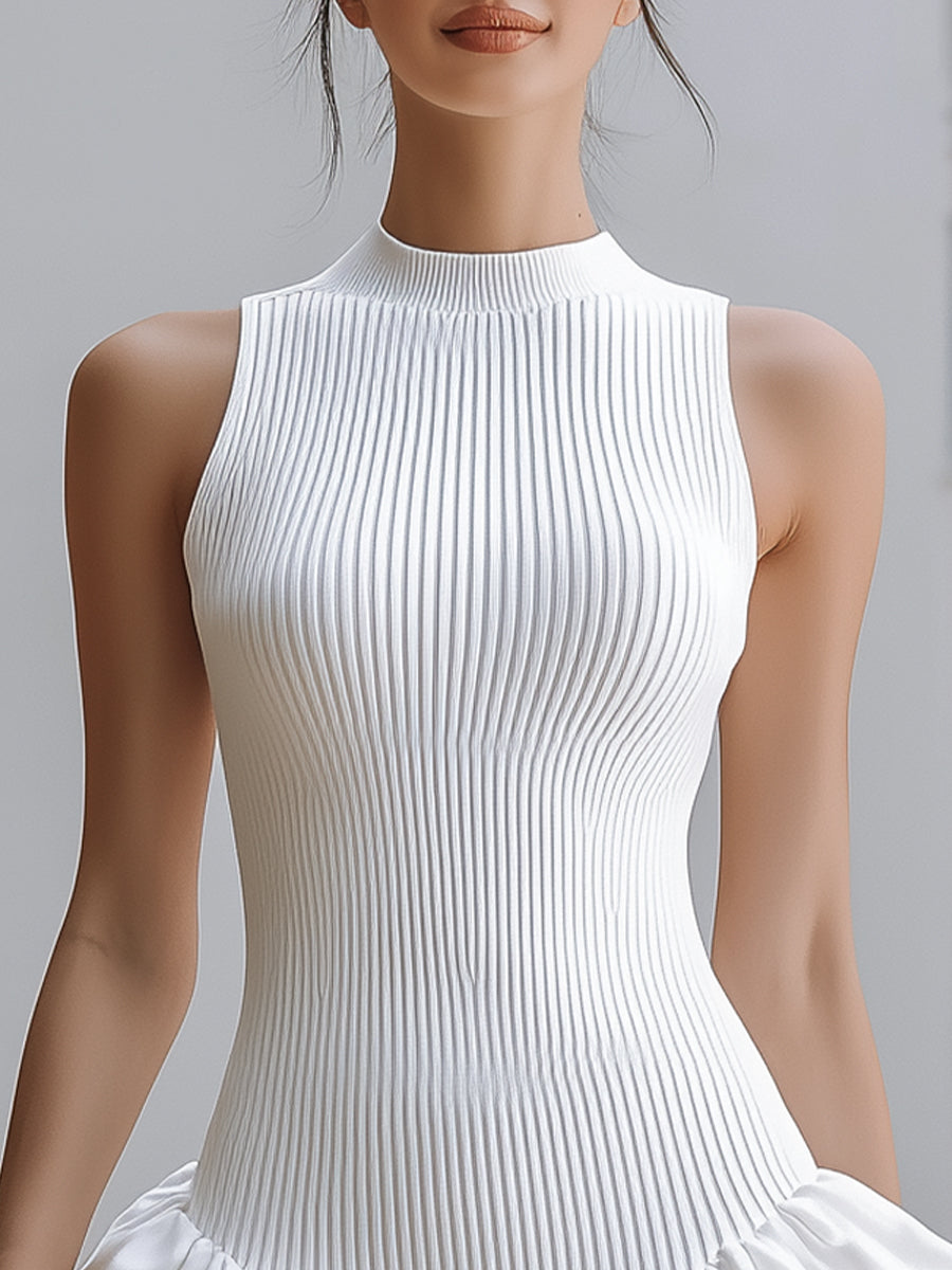 White Sleeveless Rib-Knit Tiered Ruffle Mini Dress