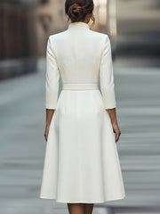 White Textured Belted Midi Dress With V-Neckline