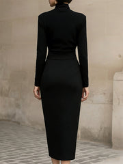 Sleek Black Turtleneck Draped Midi Dress