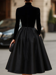 Elegant Black Velvet And Satin Midi Dress